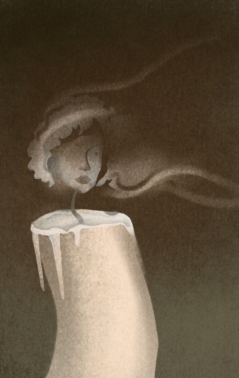 illustration made by parsley, which shows a wiped out candle. The smoke shows a face. this illustration is about burnout.