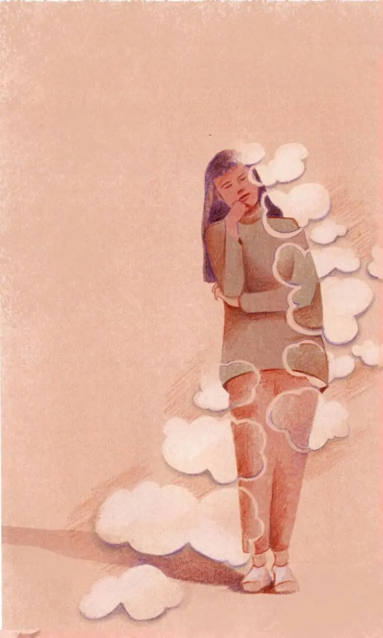 Illustration made by parsley illustration, it shows a women in a thinking pose, thoughts ars coming out of her head, shown as little clouds. these clouds are also part of her body, this thematised how the mind is influencing our bodies also called psycosomatics.