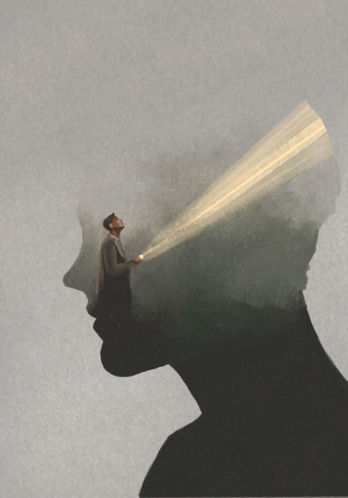 illustration made by Chantal Petermann, it shows the shape of a human head, wihch seems foggy. A man is standing in this foggy landscape and shines a flashlight around. the drawing is about lokking inside and discover a unknown inner world.