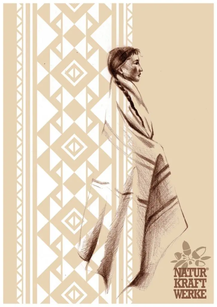 illustrated recipe postcard made by parsley illustration. it shows a native american women the background is decorated with a pattern from this culture.