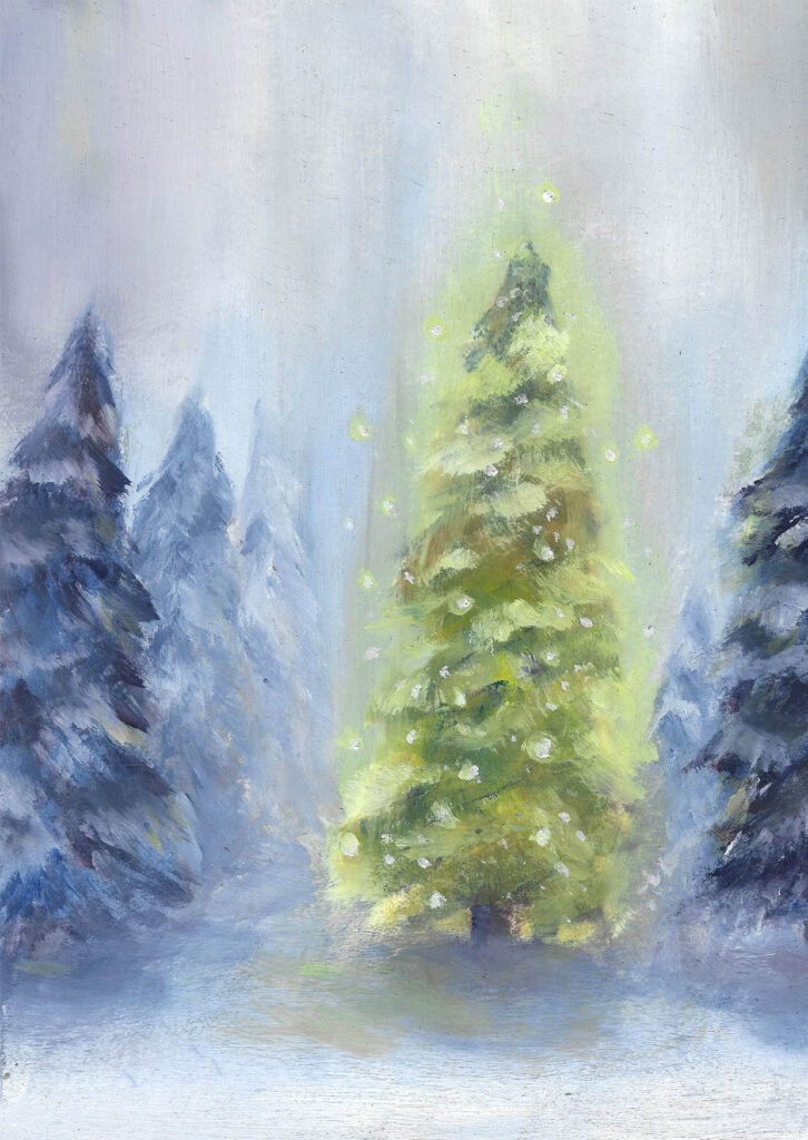 painted christmas card. a christmas tree with candles