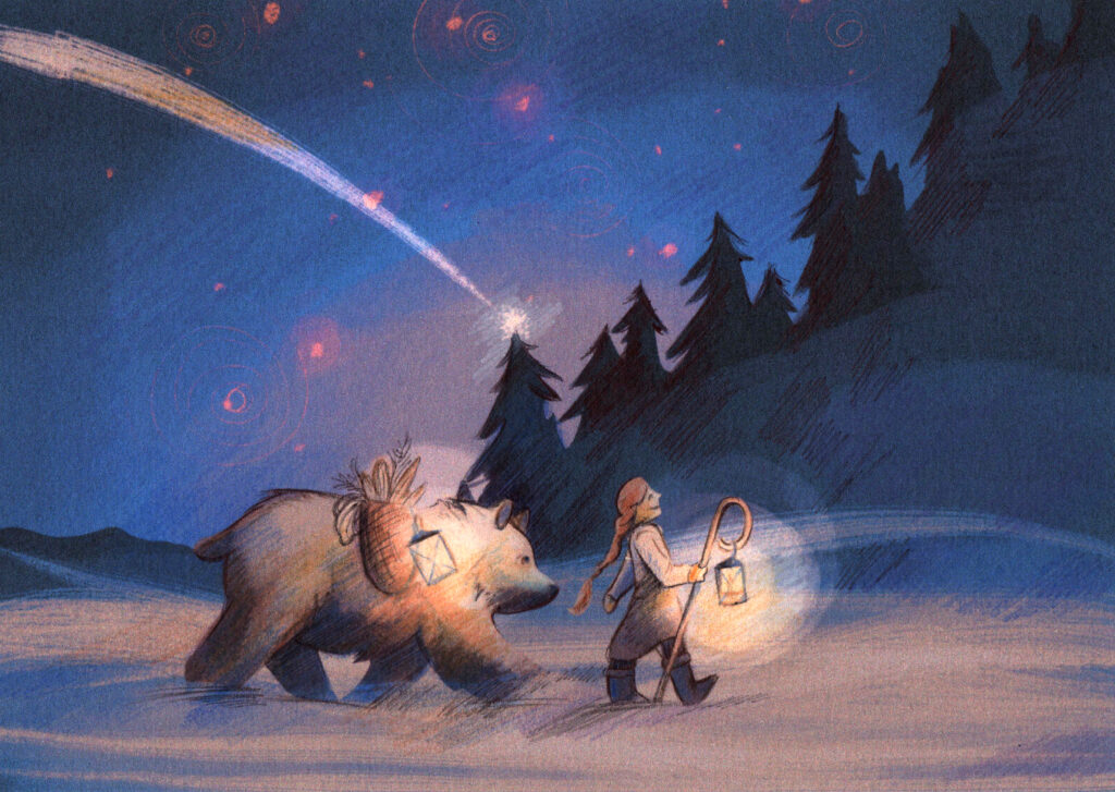 illustrated christmas card. a winter landscape. a girl and a beat are walking with laterns.