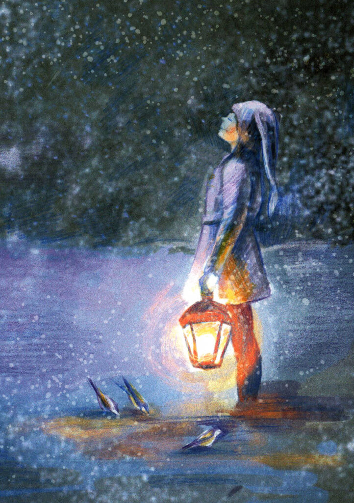 illustrated christmas card. A girl with a latern.