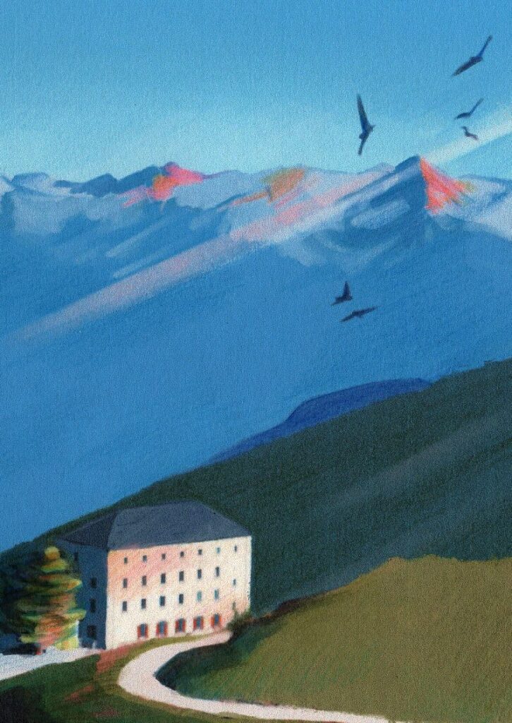 a hiking postcard made by parsley illustration. It shows a quite morning in the swiss mountains. There are mountain in the back in front is a hotel, bird are flying through the air.